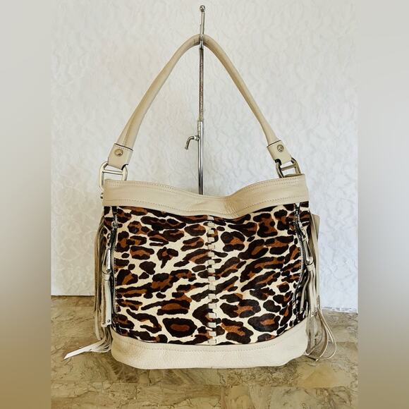 NWT B. Makowsky stone leopard bucket hobo tote shoulder bag - Picture 1 of 10